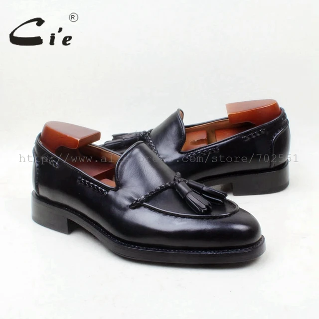 cie Round Toe 100% Genuine Leather Outsole Bespoke Goodyear Welted Custom Handmade Black  Tassels Slip-on Men’s Shoe loafer 158