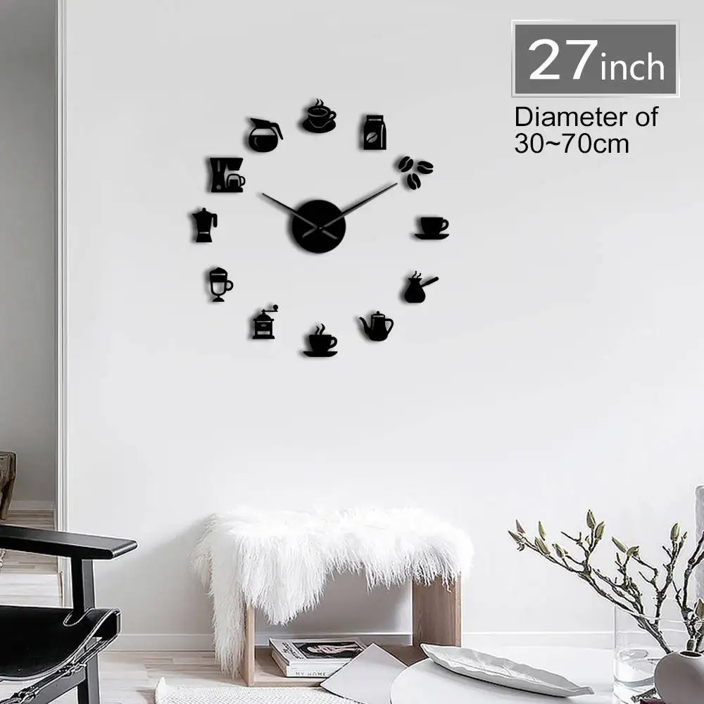 

Coffee Signs 3D DIY Size Adjustable Wall Clock Modern Design Kitchen Clock Watch Quartz Acrylic Mirror Sticker Coffee Bean Clock