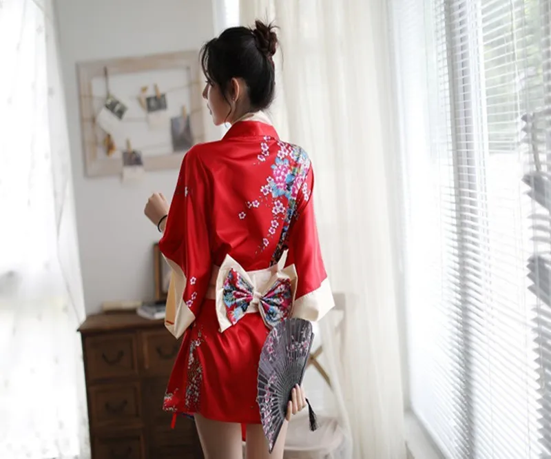 Для женщин нижнее белье кимоно японский равномерное черный, красный вишня цветное кимоно большим бантом сексуальная ночная рубашка Нижнее