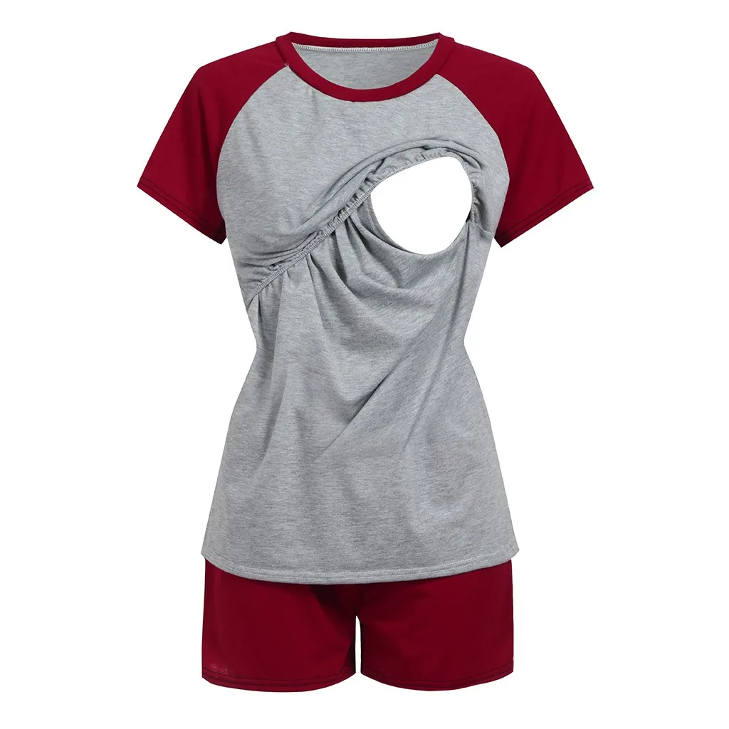 Hillsionly беременности и родам одежда 2 шт. Для женщин набор для беременных с коротким рукавом кормящих детские топы; футболка+ шорты; пижамный комплект - Цвет: Красный