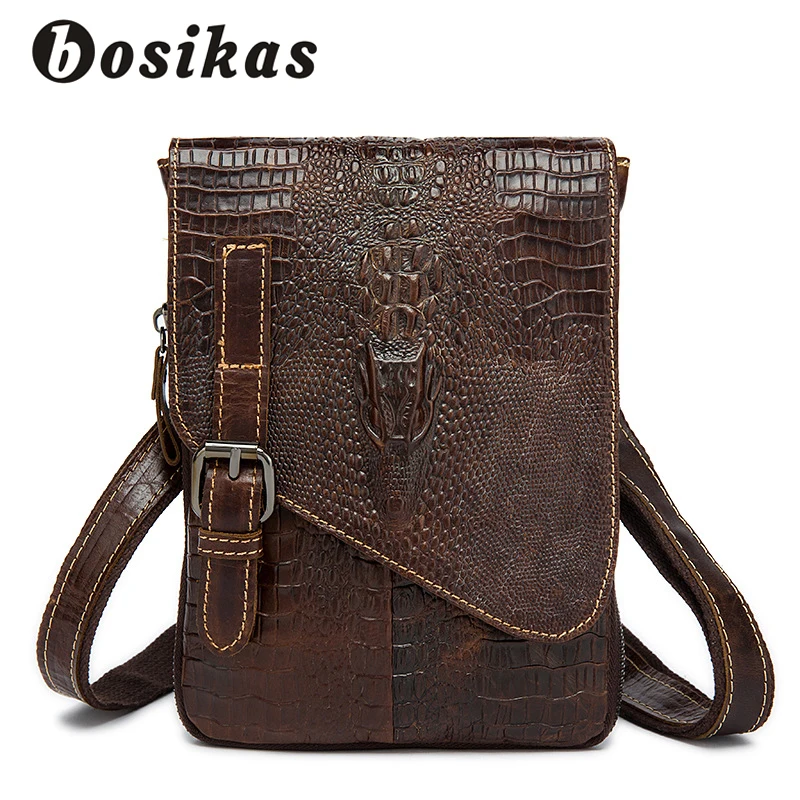 

BOSIKAS Genuine Leather Men Bags Crossbody Messenger Bag Waist Packs Man Cowhide Leather Crocodile Pattern Fashion Men's bag