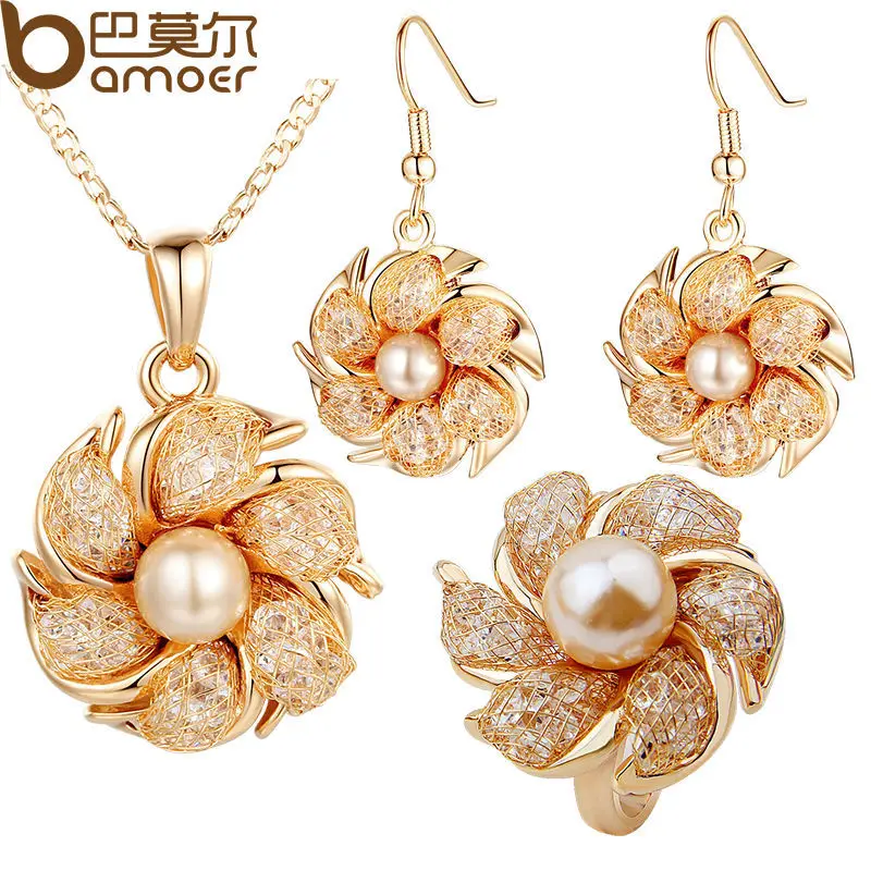 BAMOER Gold Plated Bridal Jewelry Sets and More with Pearl and Crystal for Women Anniversary High Quality