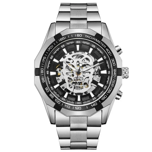 Автоматические механические мужские часы в стиле стимпанк с черепом, черный ремешок из нержавеющей стали, скелет, циферблат, модный крутой дизайн, наручные часы 486 - Цвет: SILVER BLACK