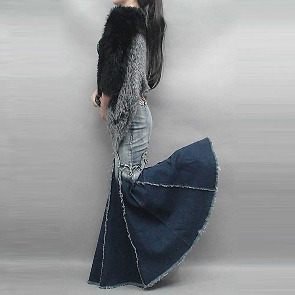 Осень зима винтажные с кисточками Русалка рыбий хвост тонкие плиссированные женские джинсовые длинные юбки женские корейские длинные джинсовые юбки
