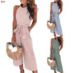 KLV/Для женщин в полоску без рукавов талии поясом широкую ногу комбинезон длинные штаны ползунки карман