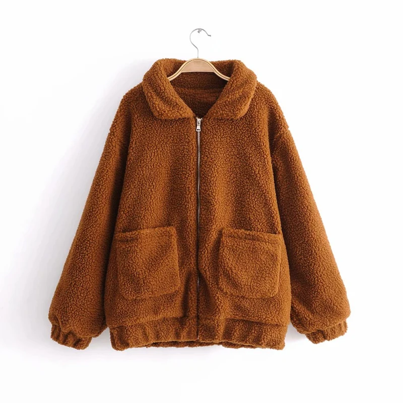 

2018 Winter Women-s Faux Fur Warm Vintage Jackets Ladies Lambswool Loose Outwear Girls Deep Autumn Patchwork Brown Coats Femme
