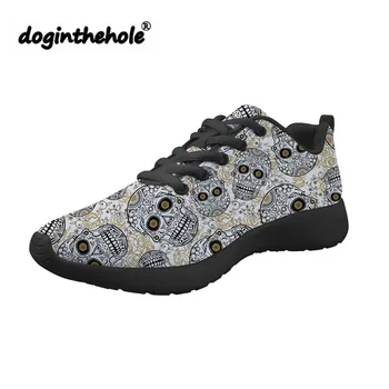 

doginthehole Sugar Skull Printing Flat Sneakers for Women Lace-up Summer Mesh Flats Ladies Running Shoes for Teenagers Footwear