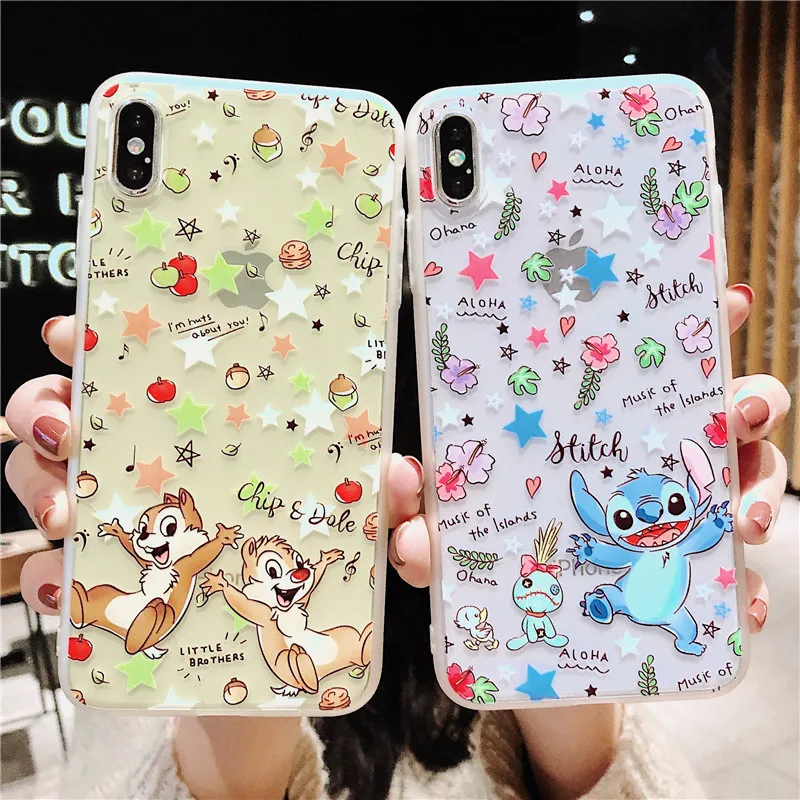 

Clear crystal Case for iphone 6 6s 7 8 plus X Xs Max XR Phone Cases Lovely Cartoon Chip&Dale Stitch Toy Story relief Back Cover