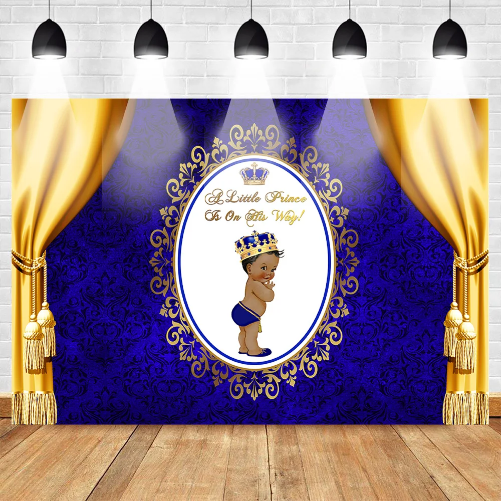 

Royal Prince Baby Shower Backdrop for Photography Gold Crown Blue Yellow Curtain Photo Background Backdrops Newborn Party Banner