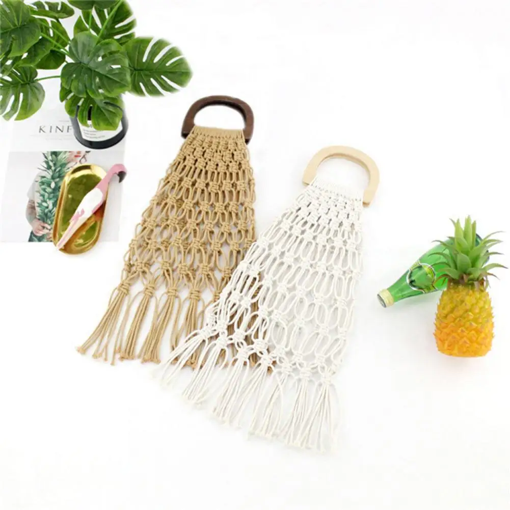 

Bohemian Handmade Straw Hand Woven Bags Wooden Handbag Hollow Out Tassel Beach Bag For Women Mesh Totes Fashion Storage Tote Bag