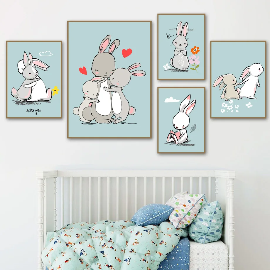 Cartoon Rabbit Bunny Family Wall Art Canvas Painting Nordic Posters And