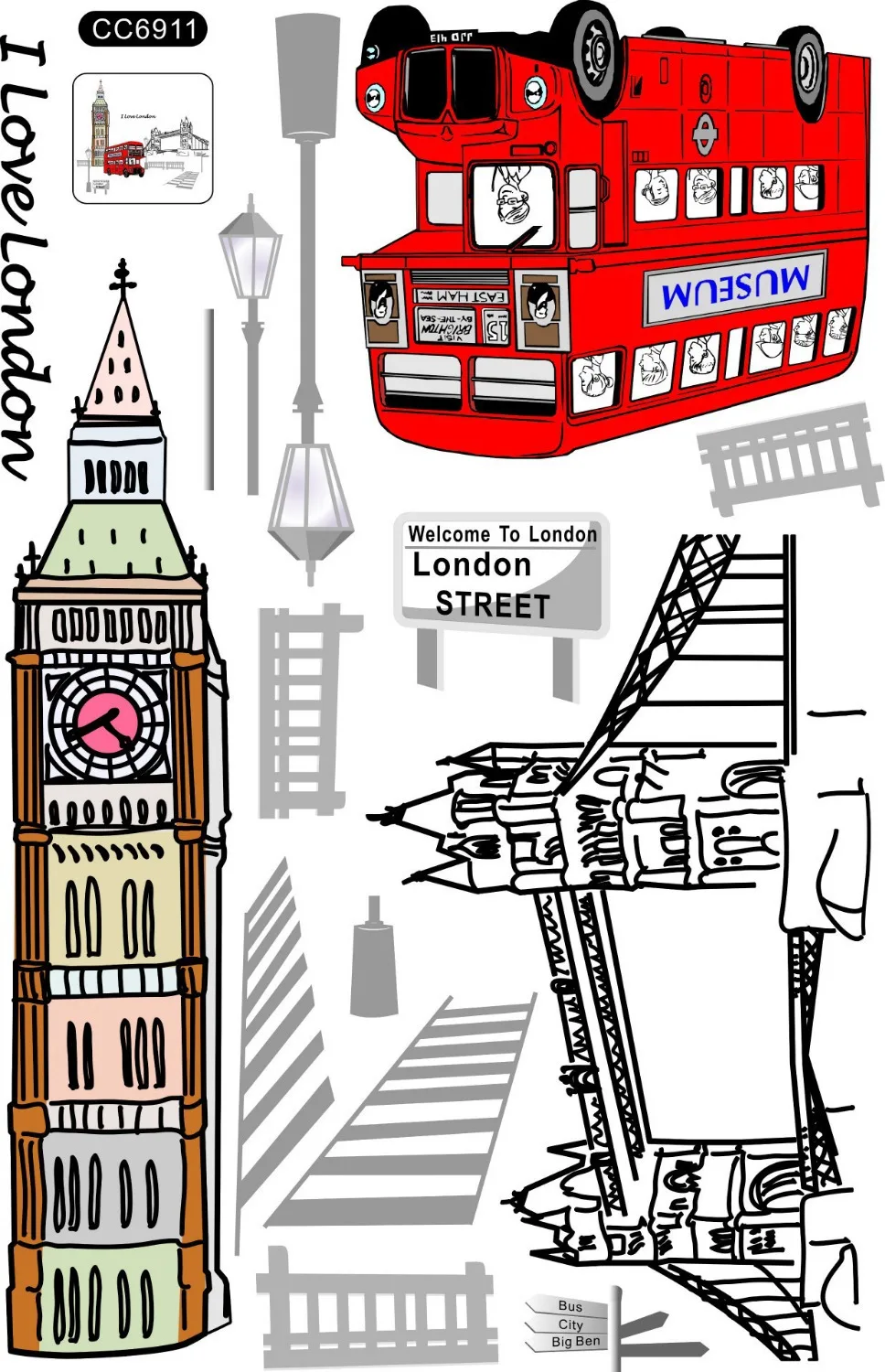 Baru 2015 Shippping Gratis Besar Stiker London Pena Sketsa