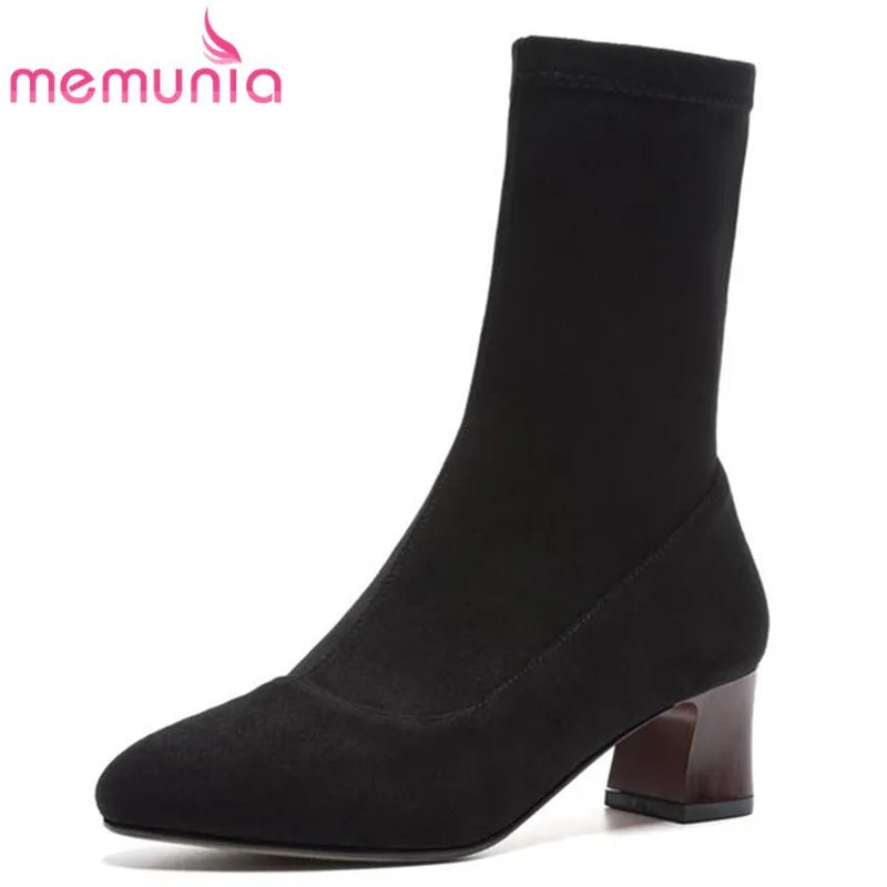 

MEMUNIA 2020 fashion flock boots for women round toe ankle boots autumn winter ladies boots simple square heels shoes