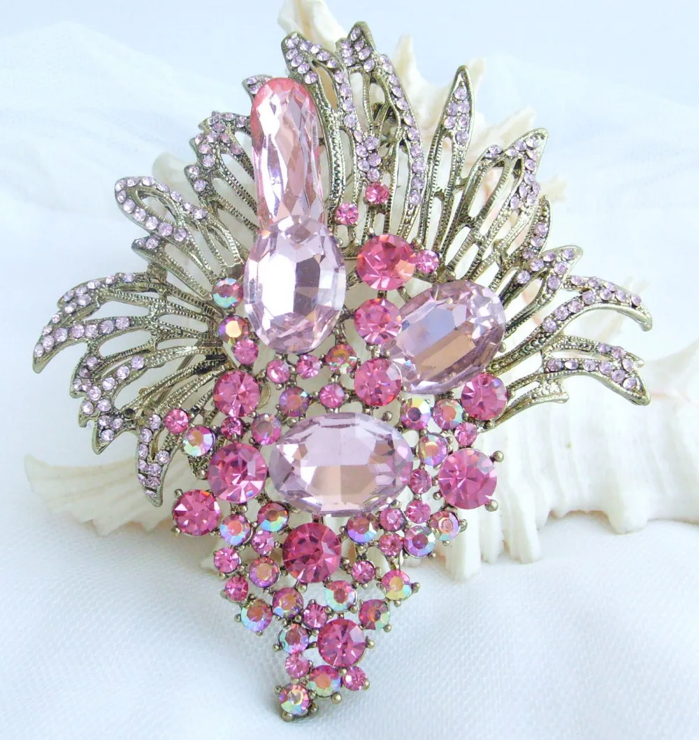 HelenaJewelry 4.13 Inch Gold tone Pink Rhinestone Crystal Flower Brooch