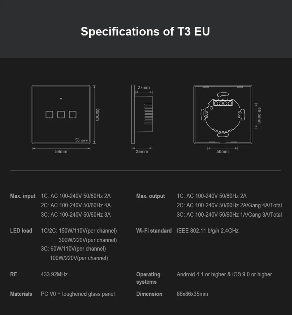 Itead Sonoff T3EU 86 Размеры переключатель Wi-Fi 1/2/3 серии TX 433 МГц RF Дистанционное управление с границы работает с Alexa Google Home