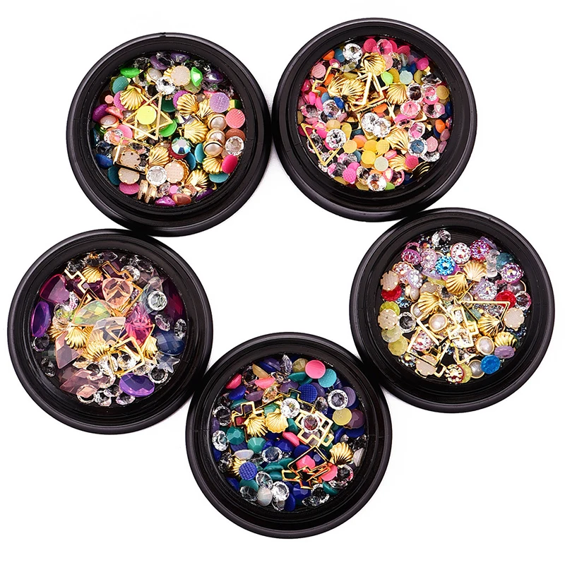 

5 style Nail Art Decoration 3D Mixed Colorful Acrylic Rhinestones Alloy Metal Shell Frame Flat Back DIY Nail Art Decorations