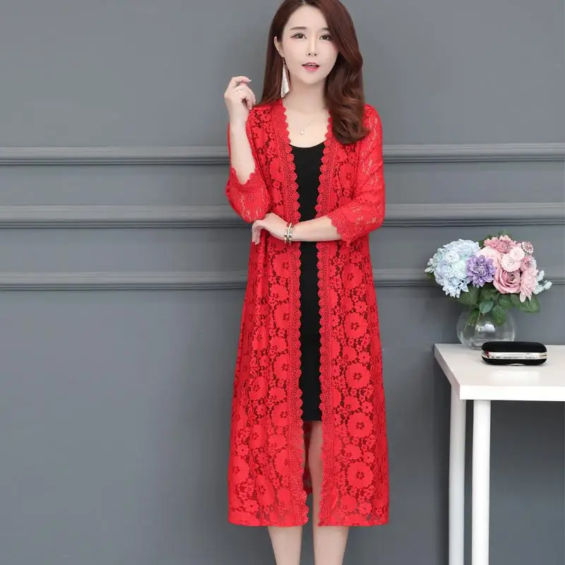 

Fashion Hollow Lace Cardigan 2019 New Plus Size 3xl Women Long Sleeve Solid Wild Joker Thin Long Coat Korean Female Loose Jacket