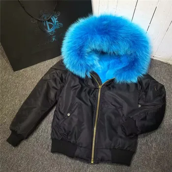 

Good Quality Thick warm Sky blue Fox fur lining bomber jacket outwear real fur inside hooded coat winter zipper waterproof jacke