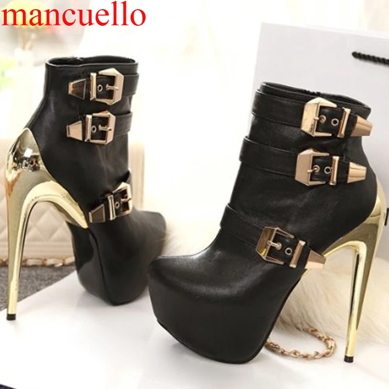 Women platform Metal Buckled knight Ankle Boots Woman Ultra Metal Plated High Heels Stage Night Club Bottines Big size 33-44