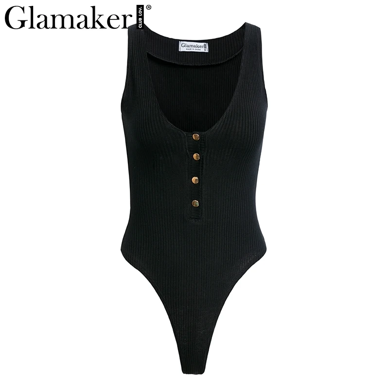 Glamaker Black v neck bodycon sexy Bodysuit Women button party summer female playsuit Spring elegant club sleeveless romper new