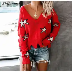 Красный женский свитер 2019 модный вязаный свитер и пуловеры с v-образным вырезом Осень Зима звездный узор Повседневный короткий свитер