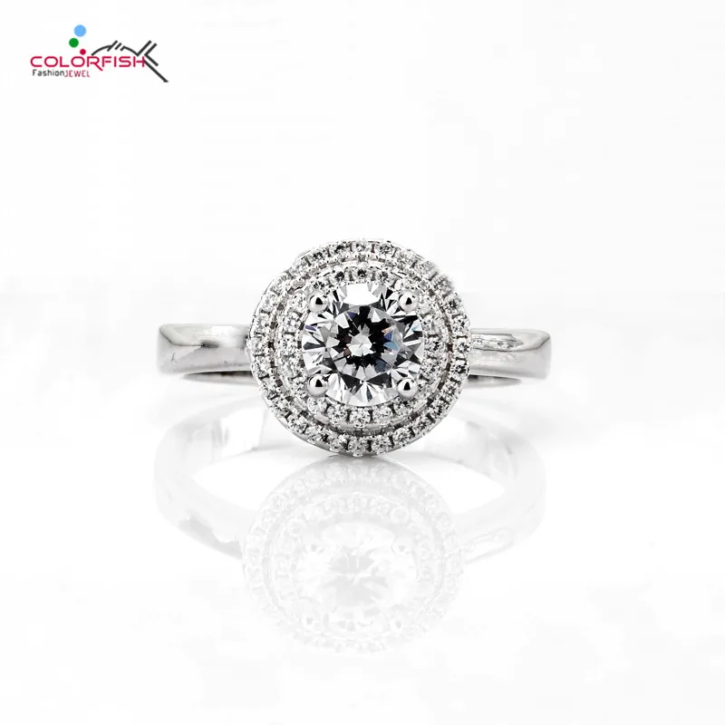 

COLORFISH Double Halo Engagement Ring Solid 925 Sterling Silver Center Stone Round Cut 0.8 CT Sona Female Finger Ring Plain Band