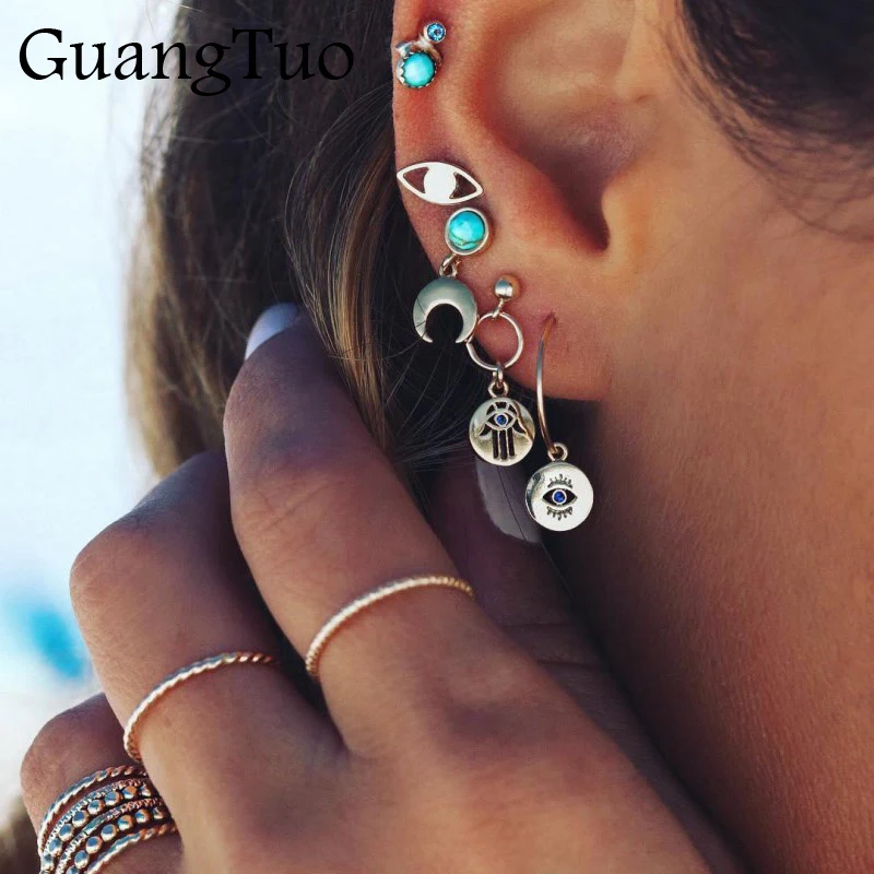 

EK136 New Fashion Popular Bohemian Stud Earrings Eyes Moon Earring Set Female Personality Green Stone Palm Accessories Wholesale
