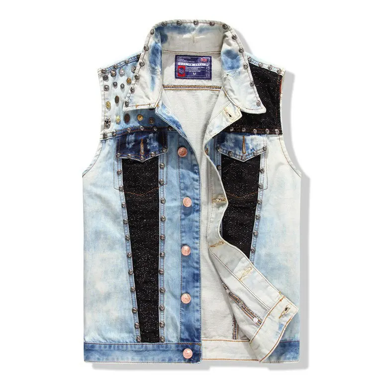 Rivet Washed Denim Vest Men Jean Waistcoat Brand Coat Men'ss Patchwork