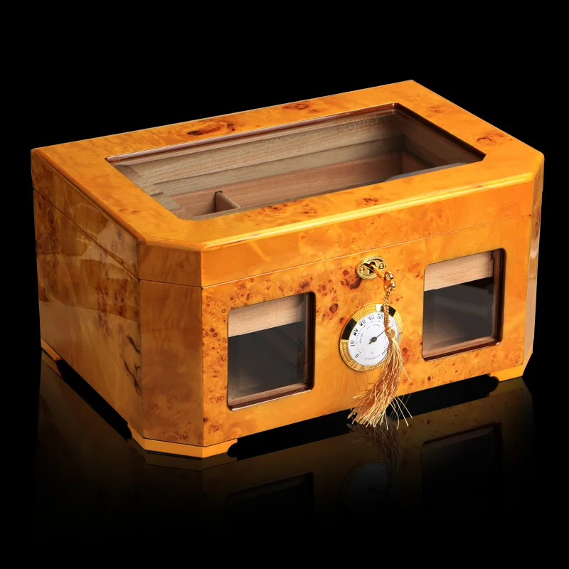 

Yellow Visual Window Glossy Piano Finish Wood Cigar Humidor Cabinet Large Capacity Storage Box W/ Lock Hygrometer Humidifier