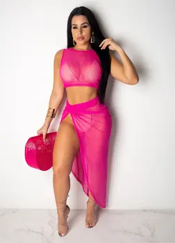 

Women Sheer Mesh Cover Up 2PCS Beachwear Crop Top High Slit Long Skirt Dress