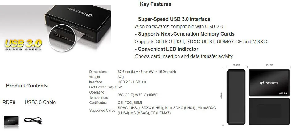 Супер скорость Transcend все в 1 USB 3,0 TF/SD кардридер адаптер для SDHC/SDXC/microSDHC/microSDXC/UHS-I CF карта адаптер