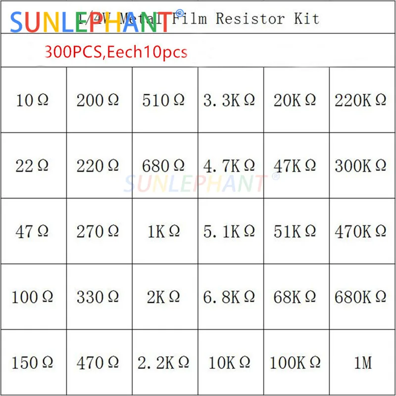 Hot Sale 300pcs 1 ohm-1M Ohm 1/4w Resistance Carbon Film Metal Resistors Resistance Assortment Kit Set 30 Values Resistor