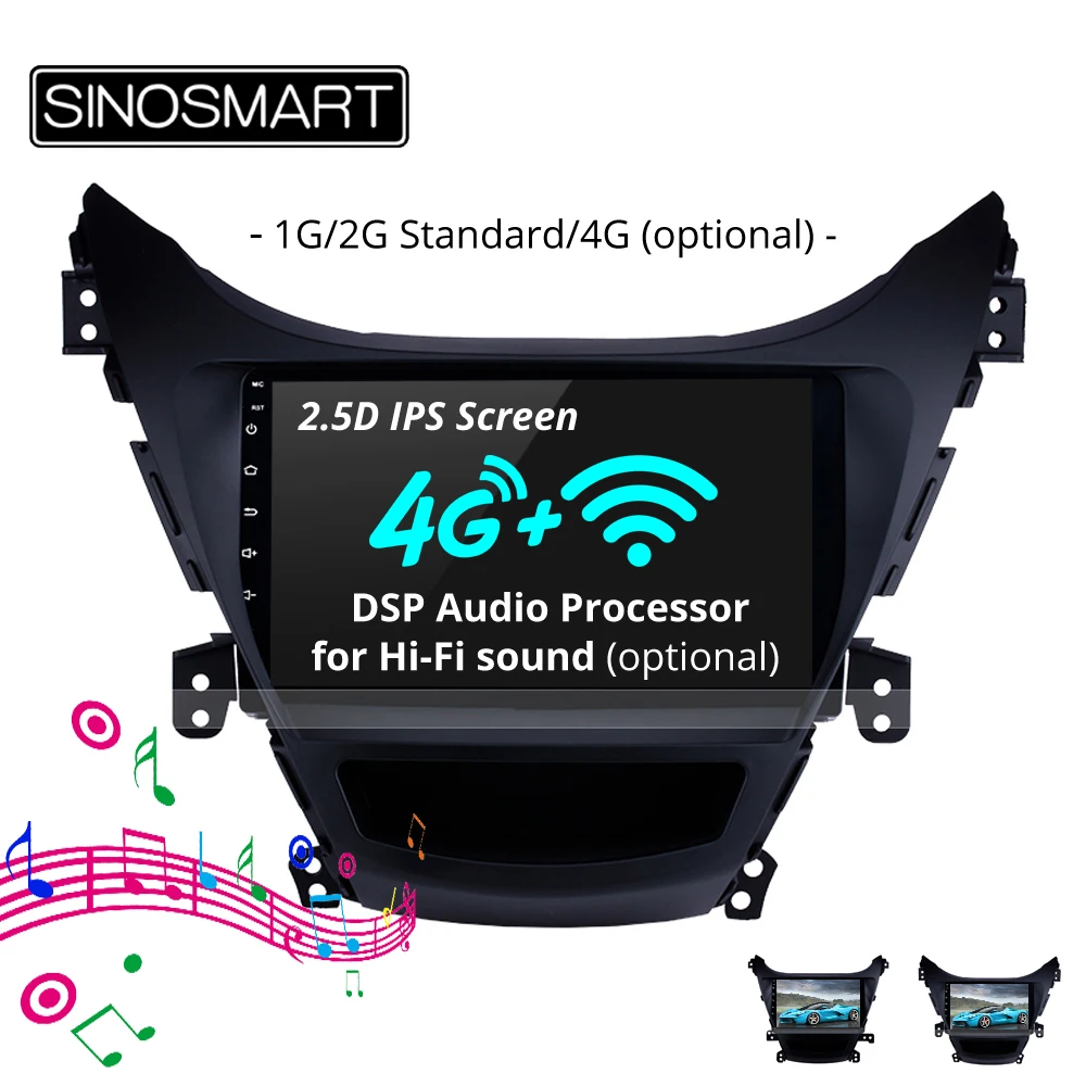 

SINOSMART 2.5D IPS/QLED Screen 1G/2G Car Navigation GPS Player for Hyudai Elantra Avante MD 2011-2015 32EQ DSP, 4G RAM Optional