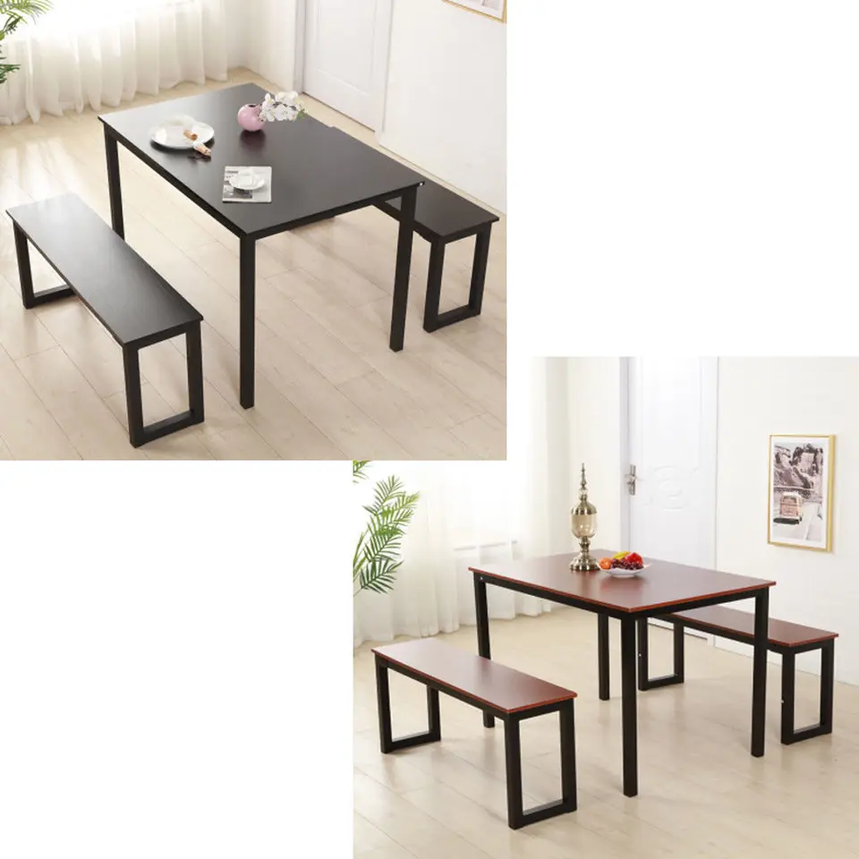 Modern 3 Pieces Set Wood Dining Table With 2 Benches Family Home