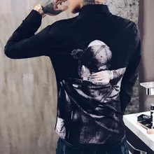 Осенняя мужская рубашка с принтом Camisa Hombre Повседневная приталенная рубашка Мужская Уличная рубашка Camisas Hombre черный смокинг для ночного клуба