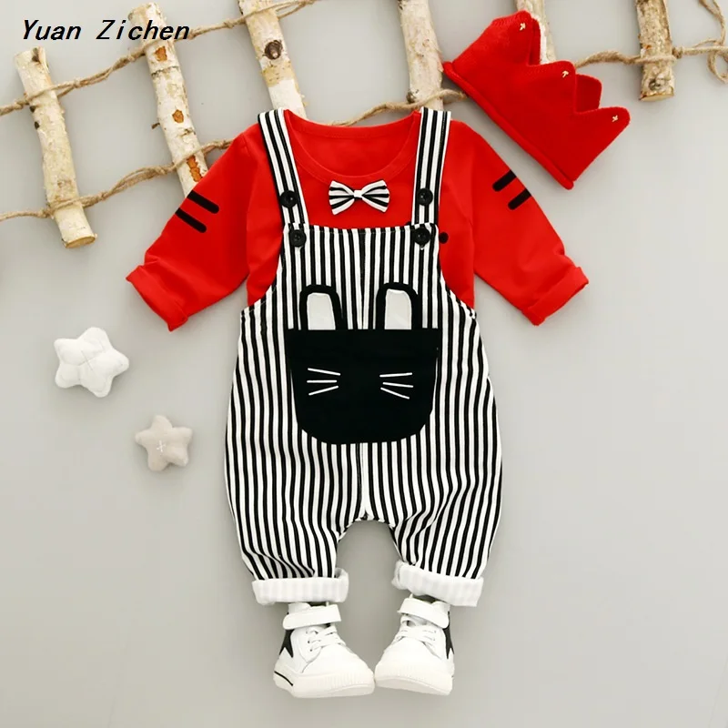 2017 Autumn Foreign Trade Baby Boy Cotton Long-Sleeved T-shirt and Striped Cat  baby Belt Pants Set  Suit Infant Clothing