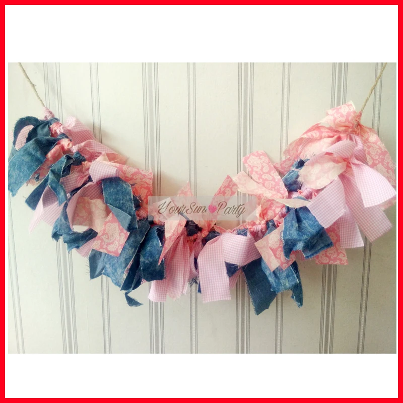 

Free Shipping Denim And Bandana Pink Themed Rag Tie Banners Baby Girl Birthday Party Country Shabby Chic Party Decorations