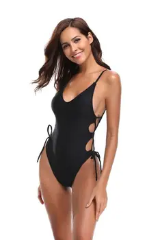 

2019 new European and American black high fork one-piece swimsuit bikini