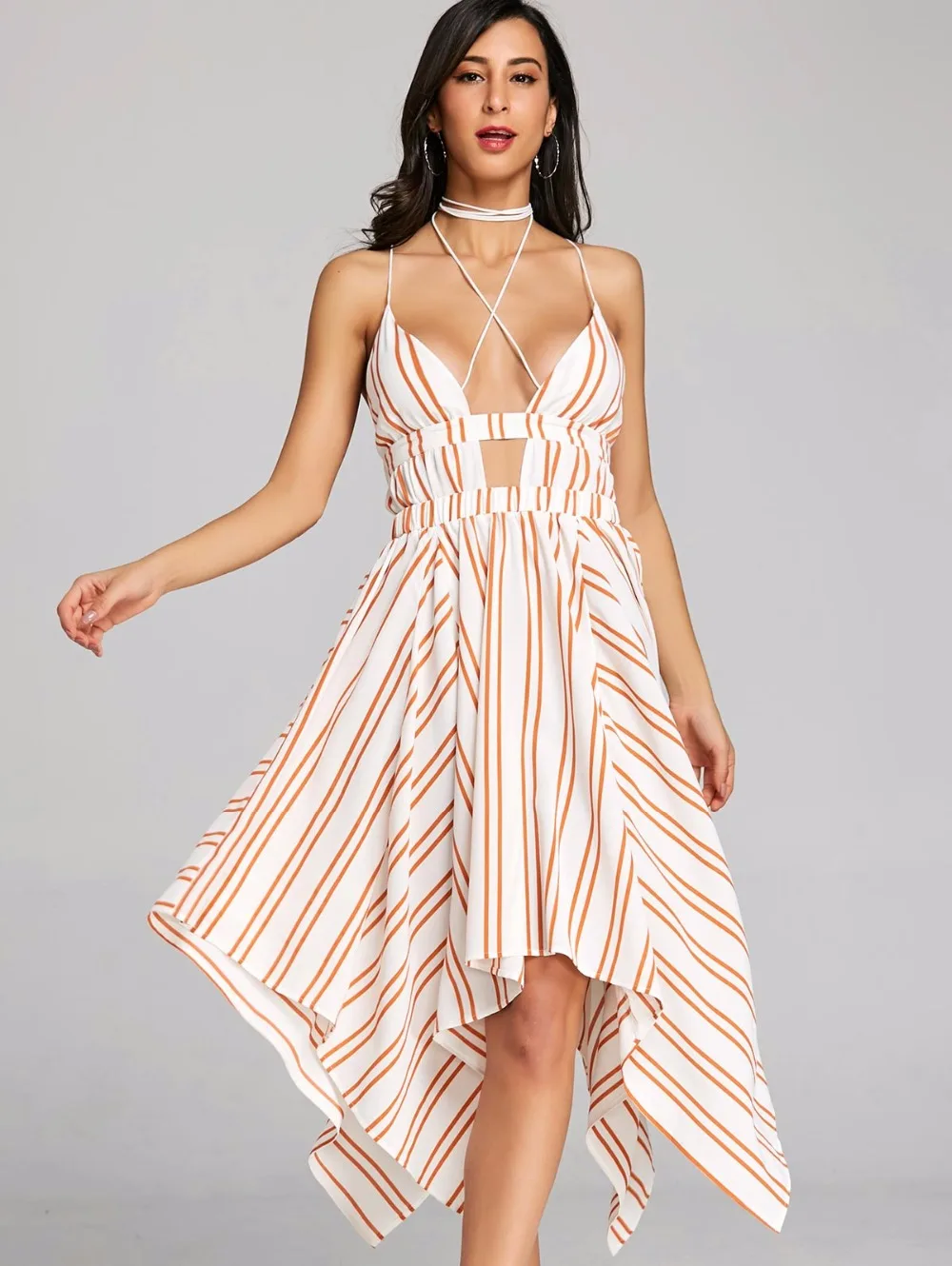 VESTLINDA Criss Cross Asymmetric Striped Dress Summer 2018 Handkerchief Strappy Sun Dress Women Backless Low Cut Robe Femme 6