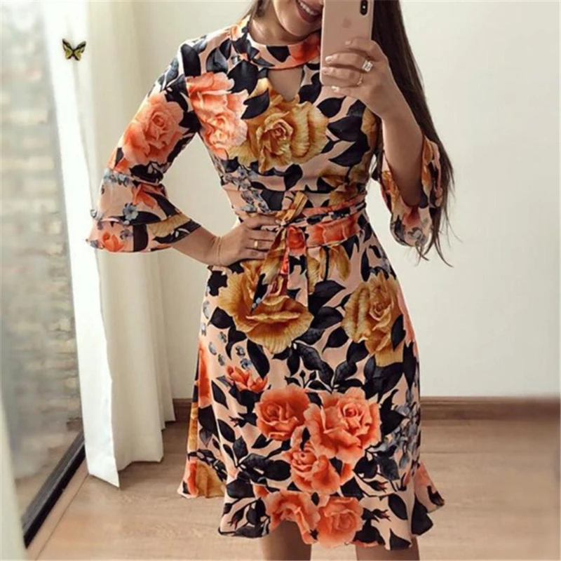 

Retro Floral Dress Vintage Women Evening Party Dress Ruffles Long Sleeve Mini Dresses Casual Autumn Flower Print Ladies Dresses