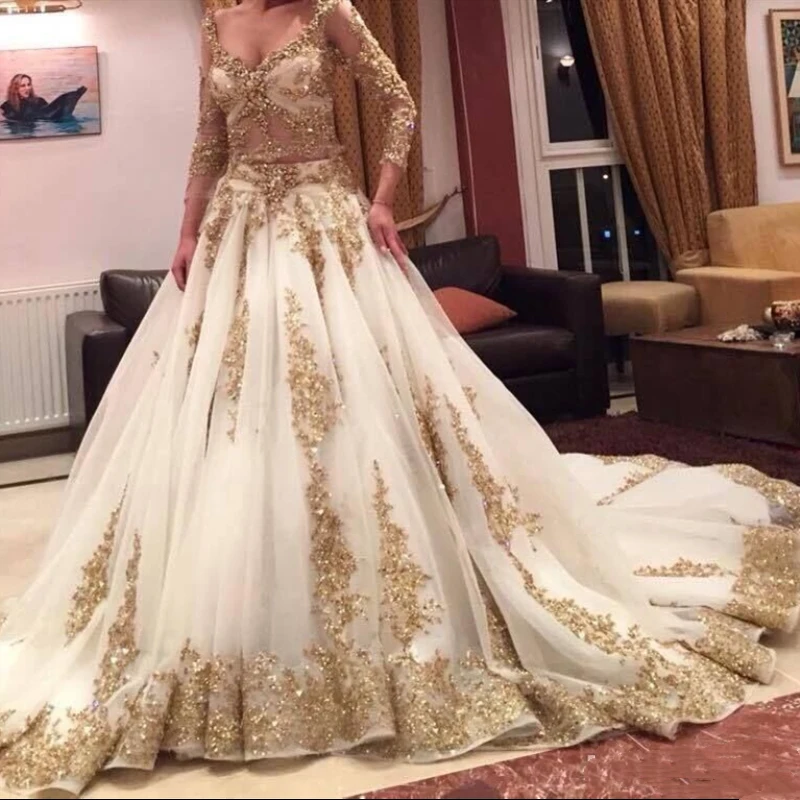 2019 великолепные свадебные платья принцессы Vestido de Noiva с длинным рукавом Роскошные Золотые Аппликации бальное платье свадебное платье