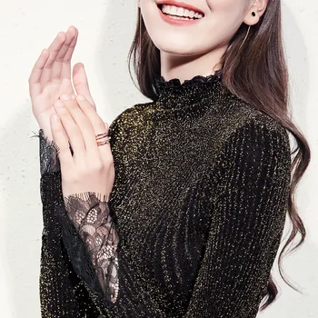 

Turtleneck Women Blouses Elegant Lace Long Sleeve Gold Office Work Blouse Shirt Casual Tops Plus Size Blusas Femininas 3xl-S