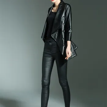 

New Arrival Women Black Warm Outerwear Autumn Winter Long Sleeve Leather Coat Casual Turn-Down Collar PU Jackets