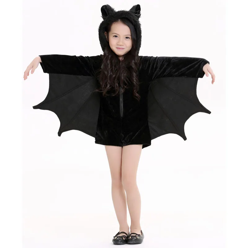 

New Child Animal Cosplay Cute Bat Costume Kids Halloween Costumes For Girls Black Zipper Jumpsuit Connect Wings Batman Clothes