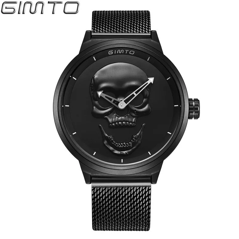 Black GIMTO крутой череп мужской роскошный бренд часов кварцевые Креативные Часы стальные черные военные женские мужские наручные часы relogio masculino - Цвет: Black