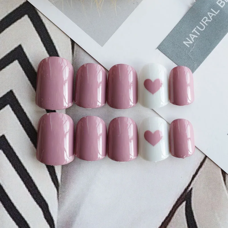 FAKE NAILS 1PCS Bean paste color love shape nail art detachable nails Short fake nails full coverage Japanese style