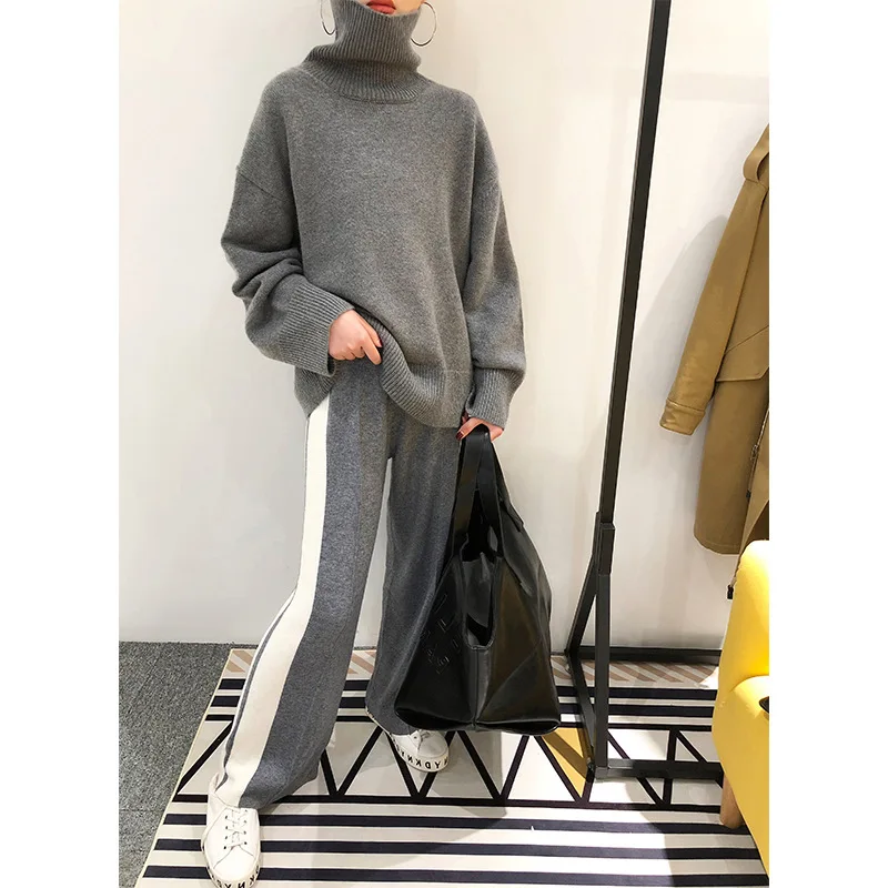 

2019 Real Spring New Knit Suit Lazy Wind Loose Turtleneck Sweater And Striped Straight Wide Leg Pants Casual 2 Piece Set Woman