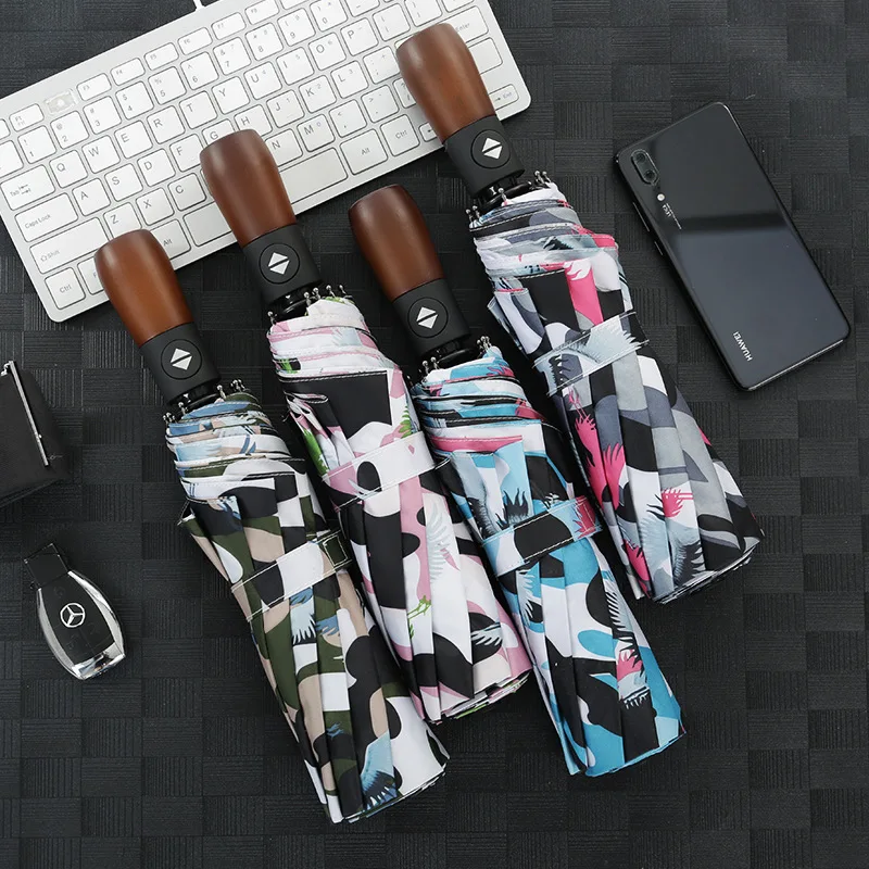 YADA 10 Bone Wood Handle Design Automatic Umbrellas Fold Rain Camo Umbrella For Women UV Rainproof Sun Protection Umbrella YD164