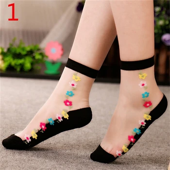 

1 Pair Beautiful Women Lace Socks Crystal Glass Silk Short Thin Transparent Roses Flower Socks