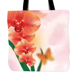 Оранжевые орхидеи и бабочки печатных сумка для покупок Еда удобство Для женщин плеча холсте Ручная Сумки двусторонней печати